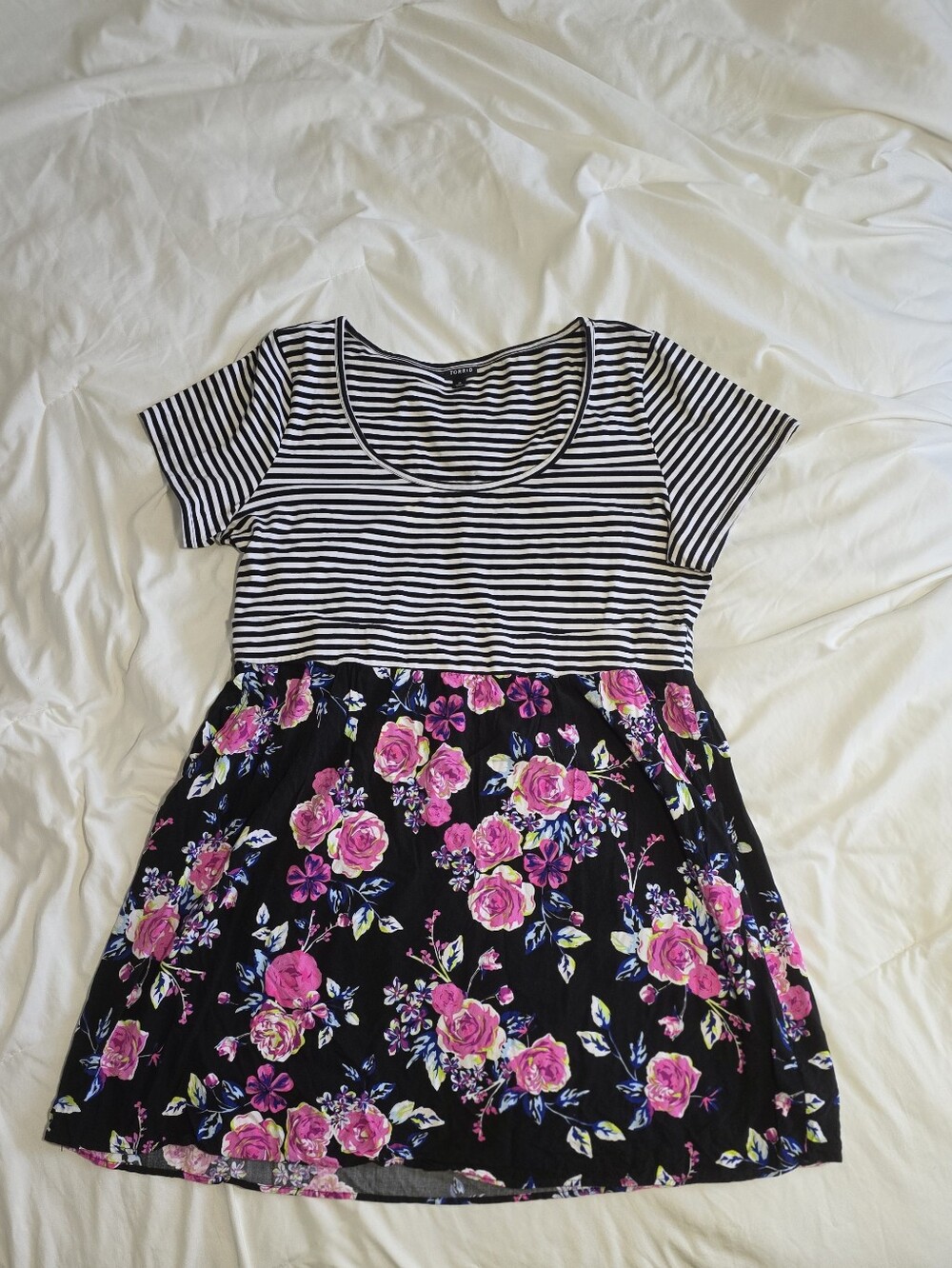 torrid Black Striped Top with Pink Floral Skirt Mini Dress